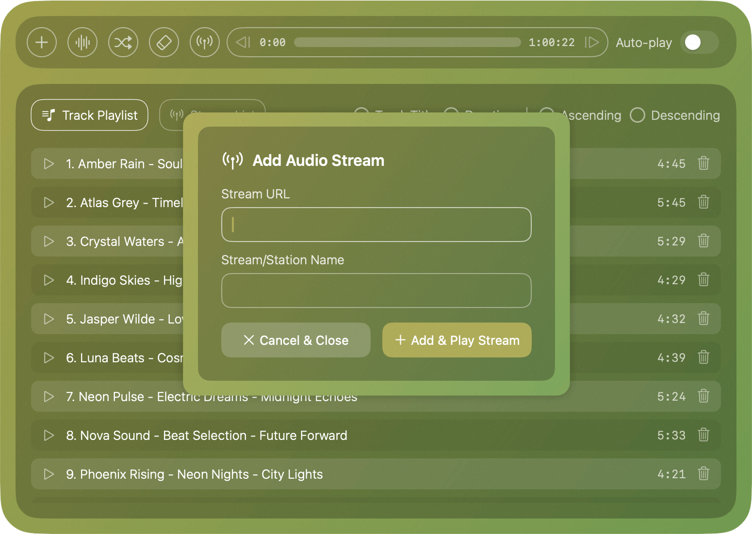 Audibar Add stream modal