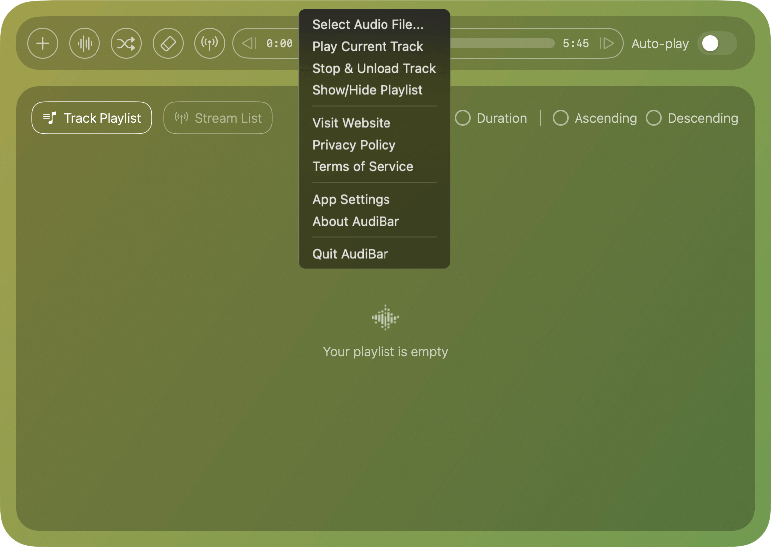Audibar context menu
