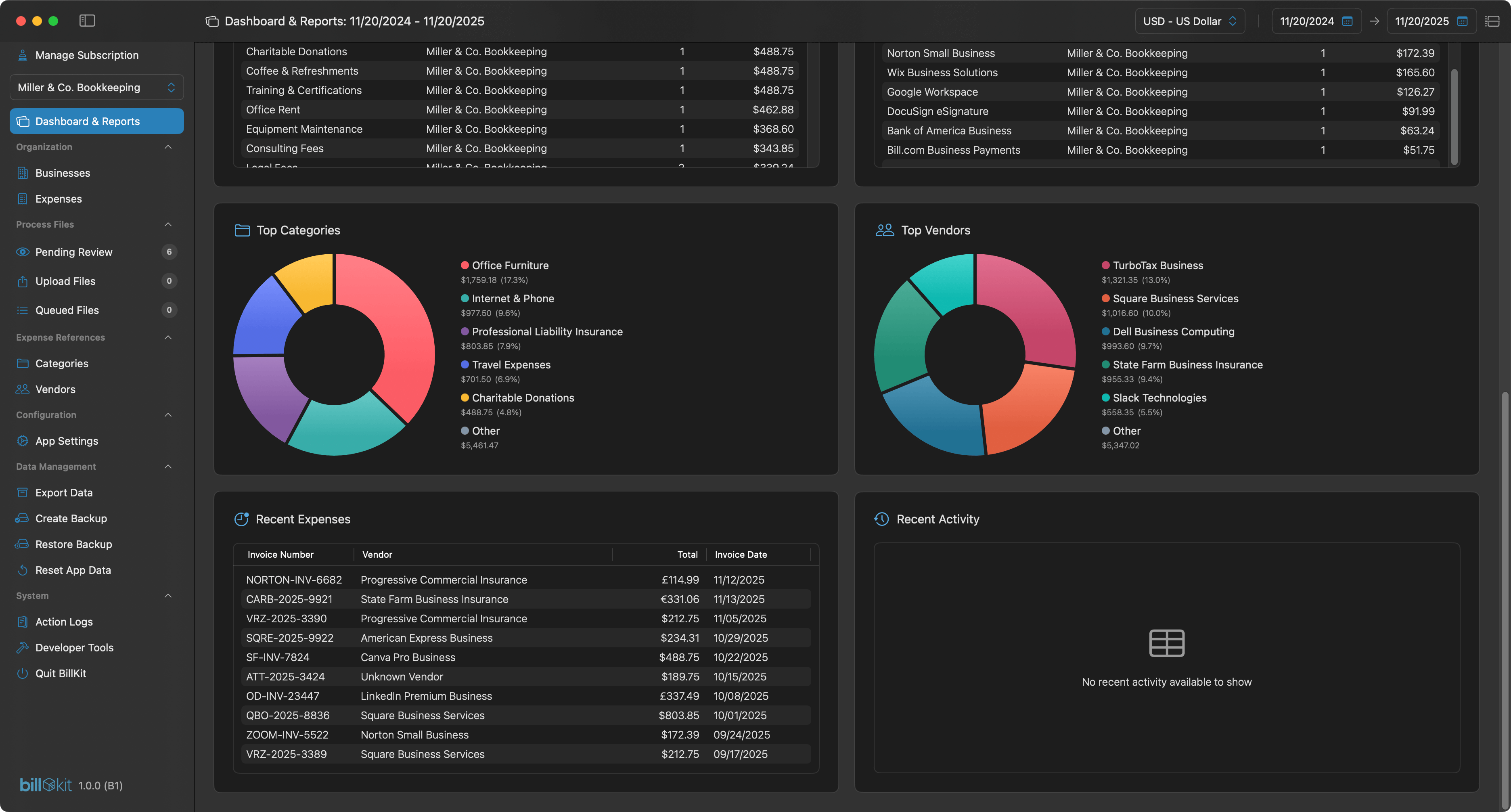 BillKit Top vendors and categories